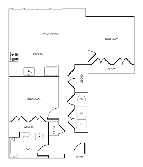 Floor plan for 2 beds, 1 bath, 922 sqft